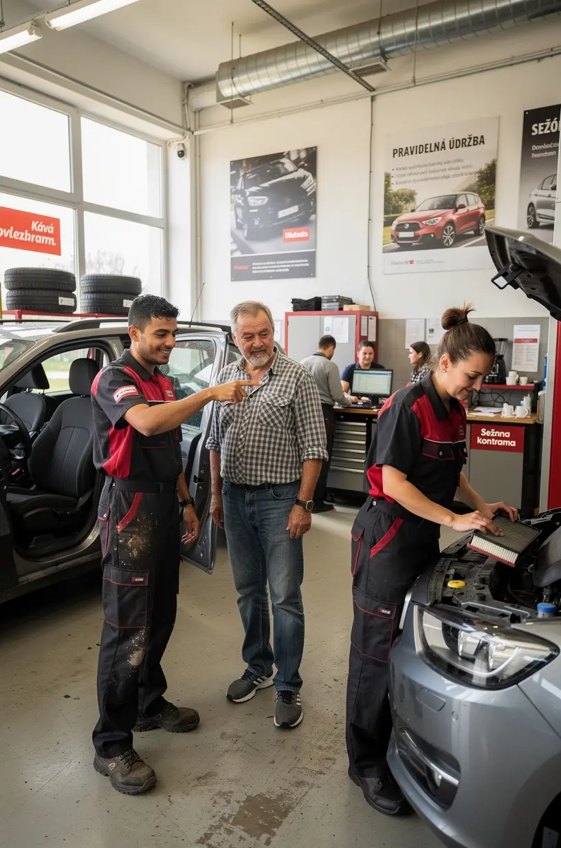 Automobil podrobený dôkladnej preventívnej kontrole odborníkmi v rýchlom autoservise s moderným diagnostickým zariadením.